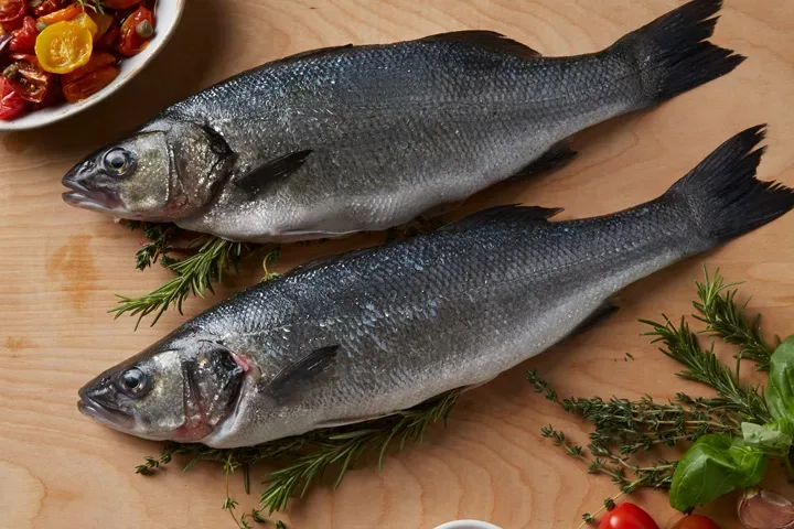 Branzino herbs and tomato on wooden background